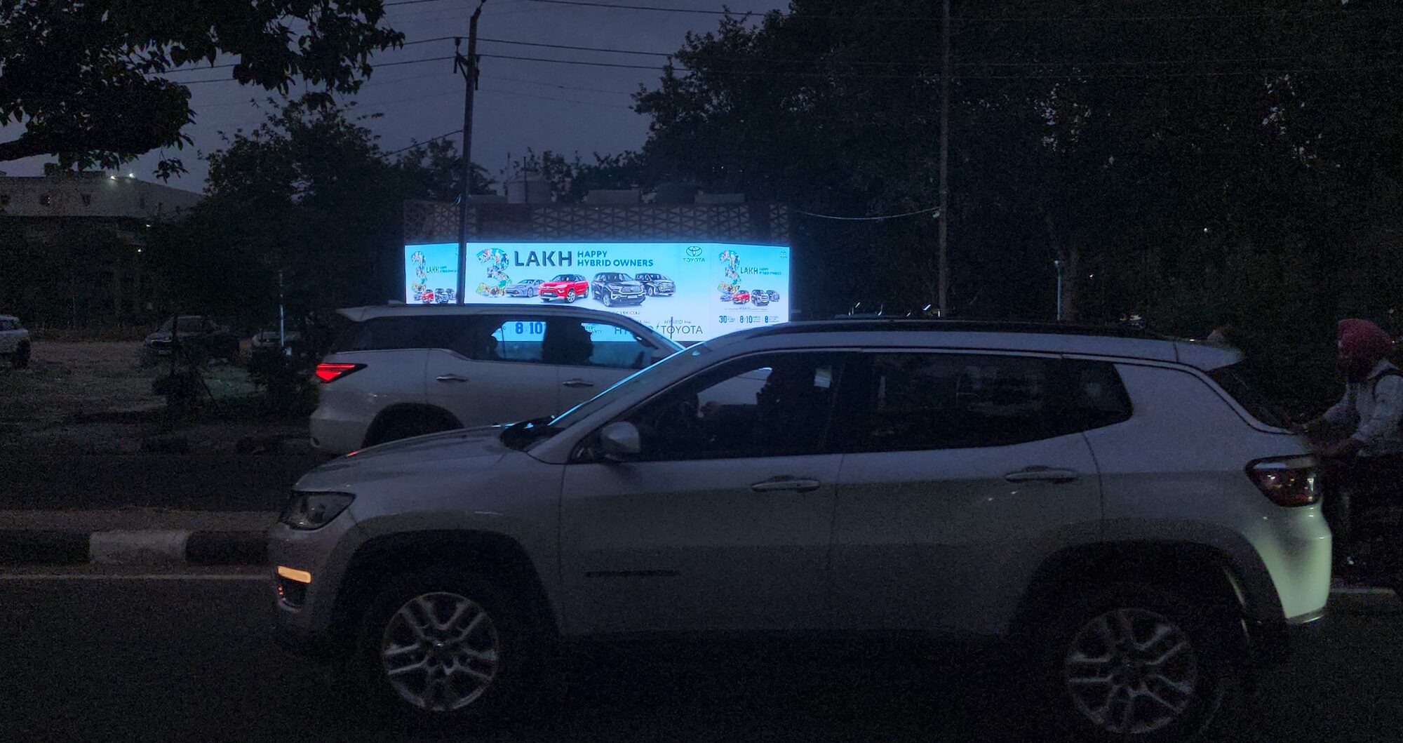 LED screen at a Chandigarh market at dusk